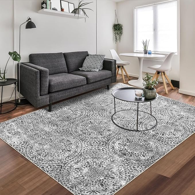 vivorug 9x12 Area Rugs for Living Room, Non Slip Machine Washable Vintage Grey Rug, Ultra-Thin Lightweight Large Area Rug for Bedroom, Dining Room, Low Pile Rug