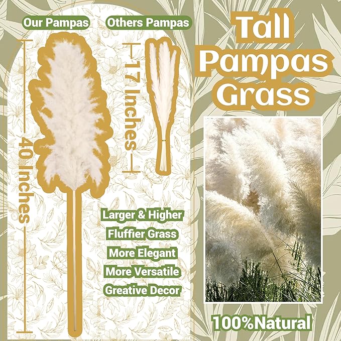 10 Stems 40" Tall Natural Dried Pampas Grass Decor, Large Tall Beige Pampas for Floor Vase, Arch, Farmhouse, Wedding, Party, Boho Home Decor Christmas
