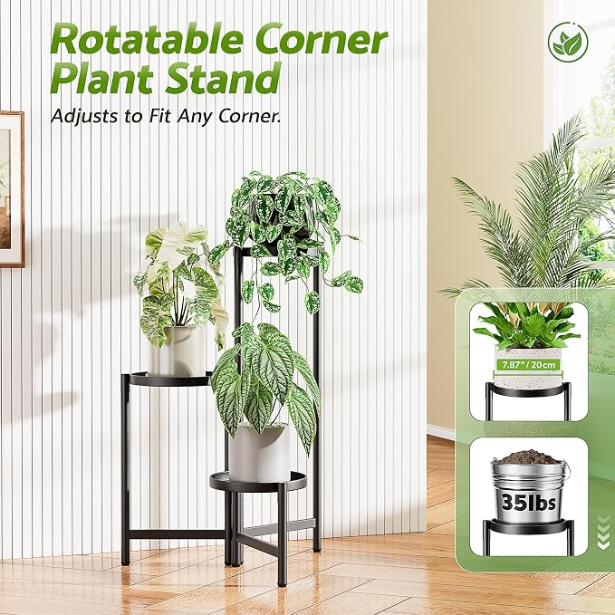 3 Tiered Plant Stand Indoor for Multiple Large Planter, Tall Heavy Duty Adjustable Folding Rack with Rustproof 7.9 Inch Wide Tray, Plant Shelf for Corner Living Room - BlackDisk