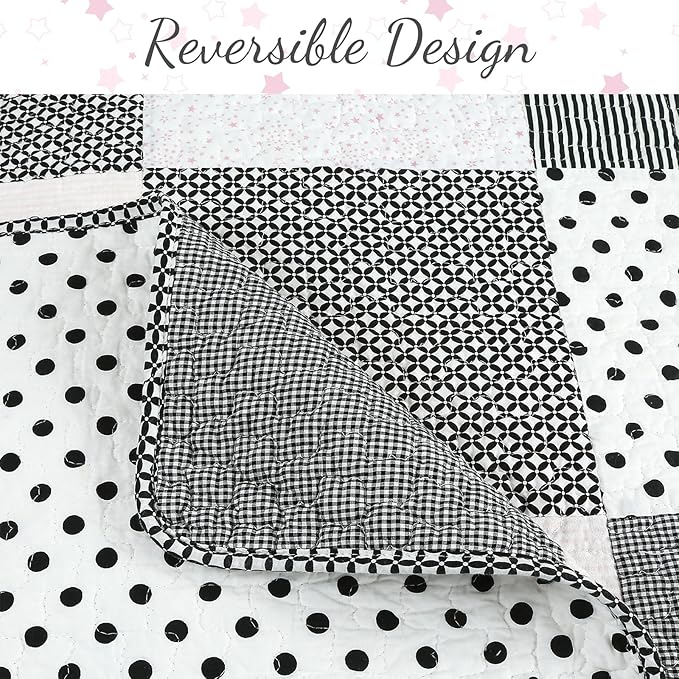 Cozy Line Home Fashions Black White Pink Polka Dots Striped Star Girl 100% Cotton Reversible Quilt Bedding Set, All-Season Coverlet Bedspread (Black Pink, Twin - 2 Piece)