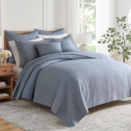 Levtex Home - Cross Stitch Chambray Quilt Set - Twin Quilt + One Standard Pillow Sham - Cross Stitched Pattern - Quilt Size (68x86in.) and Pillow Sham Size (26x20in.) - Reversible - Cotton Fabric