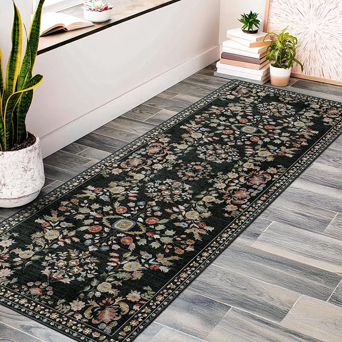 MUJOO Washable Runner Rug for Kitchen Hallways,2x6 Runner Rug Non Slip,Floral Carpet Runner for Bathroom Bedroom Laundry Floor,Long Mat Boho Indoor Vintage Low Pile Black