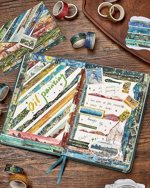YUBX Landscape Washi Tape Set in Oil Painting Style 20 Rolls Scenery Drawing Masking Gold Foil Graphic Decorative Tapes for Arts, DIY Crafts, Journals, Planners, Scrapbook, Wrapping (Colourful)