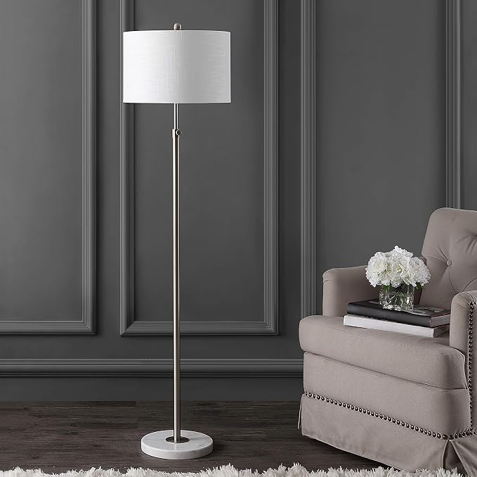 JONATHAN Y 66" Chrome and White Marble Adjustable LED Floor Lamp, Modern Glam Standing Light for Living Room Bedroom, White Linen Shade, Bulb Included (JYL3022C)