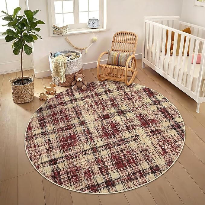 Tartan Plaid Round Rugs 5Ft Washable Area Rug for Playroom, Kids Non-Slip Neutral Classic Circle Rug Modern Large Carpet Soft Boys Rug for Classroom Dorm Bedroom, Red