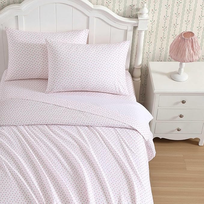 Laura Ashley Kids - Full Sheet Set, Soft & Wrinkle-Resistant Toddler Bedding Set, Deep Pockets, Girl Bed Sheets with Matching Fitted Sheet & Pillowcases (Sweet Lady Bugs Pink)