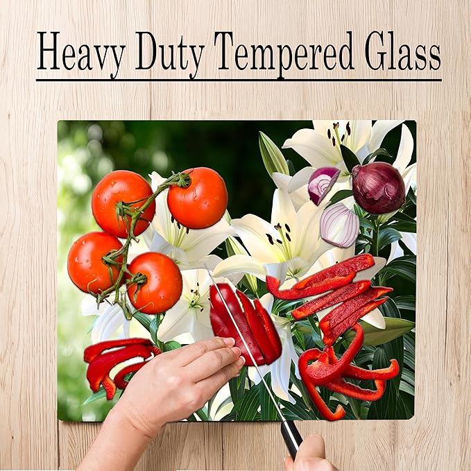 White Lily Floral Pattern Flower Love Kitchen Glass Cutting Board Decorative Valentine's Mother's Day Gift For Her Flowers (White Lily)