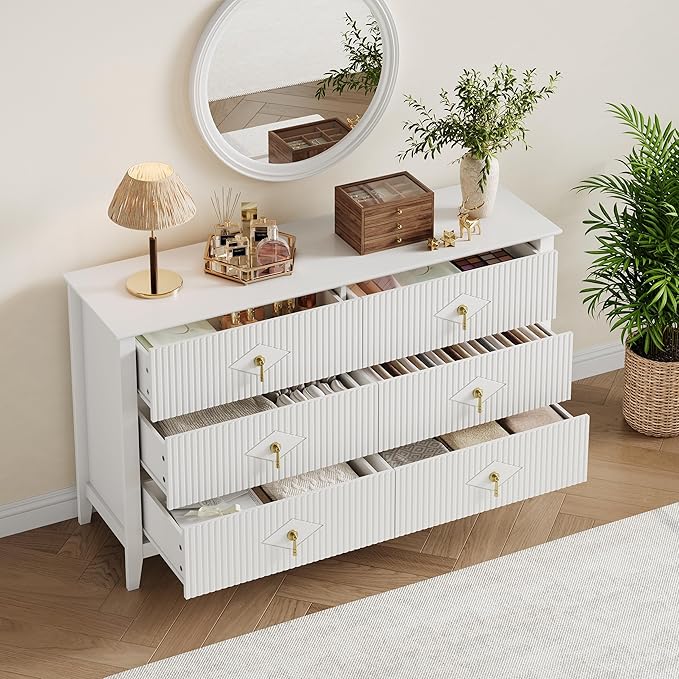 GarveeHome Fluted Dresser for Bedroom, 54 Inch Wide 6-Drawer Wood Dresser, Modern Chest of Drawers, Storage Organizer Cabinet for Living Room, Hallway, Entryway, White