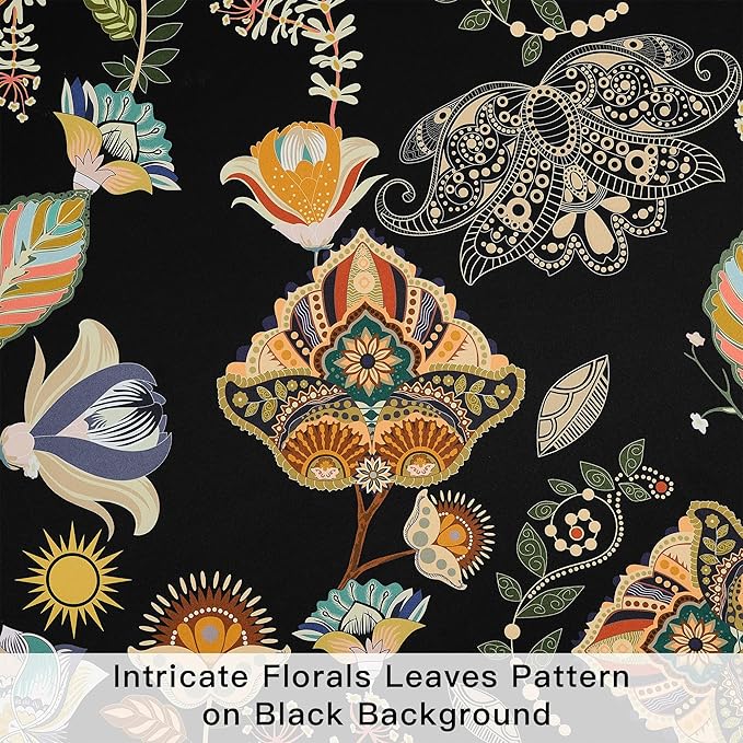 XiDi Black Dark Floral Curtains 102 Inches Long 2 Panels 100% Blackout Patterned Curtains Thermal Insulated Luxury Vintage Flower Botanical Printed Drapes Grommet for Living Room Bedroom Decor 52x102