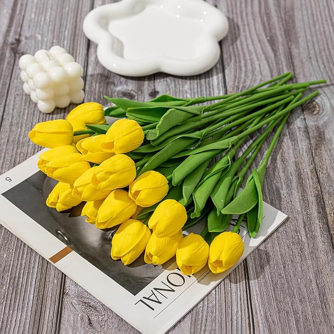 KAOYOO 18PCS Artificial Tulip Flowers Bouquet - Faux Latex Tulips for Home Decor,Office Desk,Kitchen Table,Wedding Centerpiece,Party,Spring Decoration(Yellow,18 Pack)