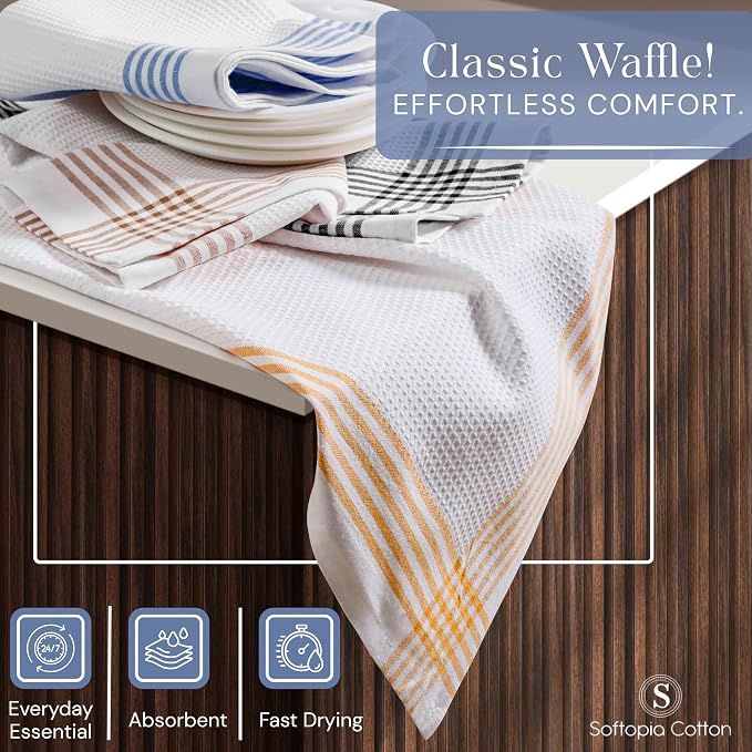 Waffle White & Multi Colors Kitchen Towels Set of 4, 100% Cotton, 16x26 inches, Quick Dry Dishcloths, Ideal Dish Towel for Drying, Wiping - Mustard Yellow, Sky Blue, Brown, Black