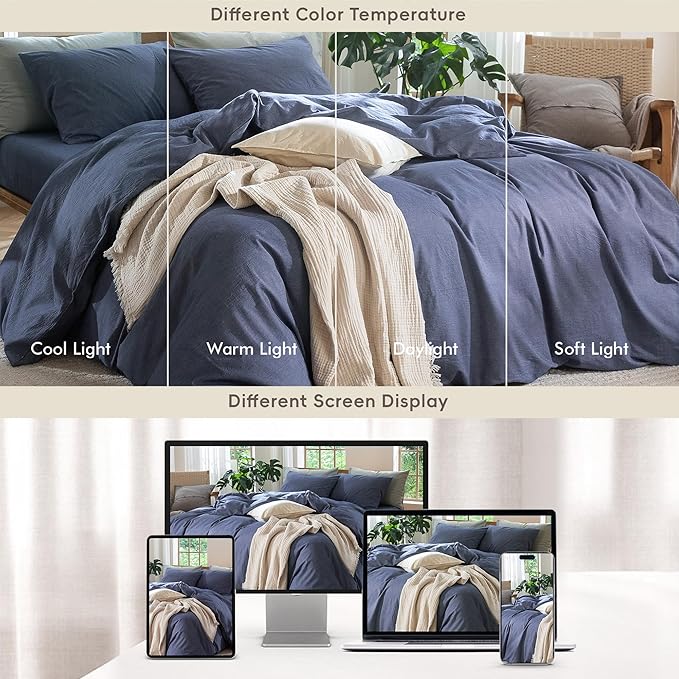 MooMee Bedding Duvet Cover Set 100% Washed Cotton Linen Like Textured Breathable Durable Soft Comfy (Heathered Blue, Oversized King Plus 128"x120")