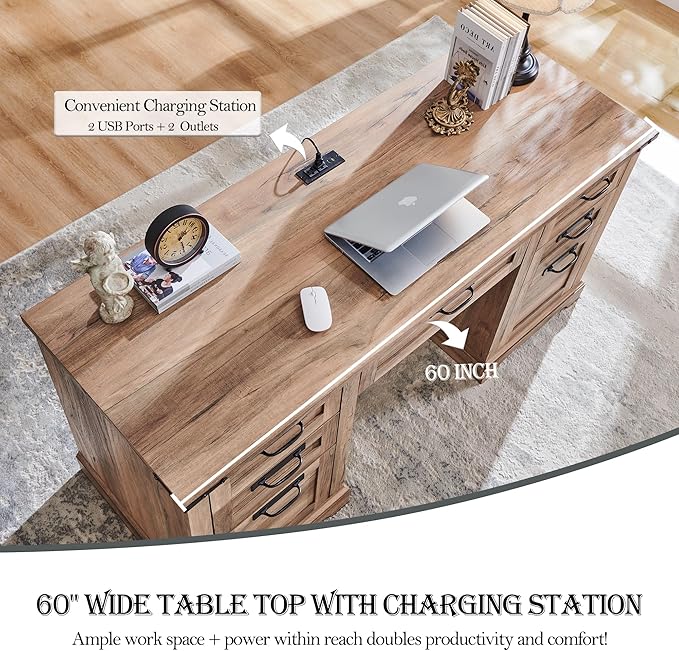 RedLemon 60" Farmhouse Executive Desk, Home Office Desk with Drawers, Charging Station, Keyboard Tray, File Drawer, Storage Cabinet, Wood Rustic Computer Writing Desk (Natural Oak)