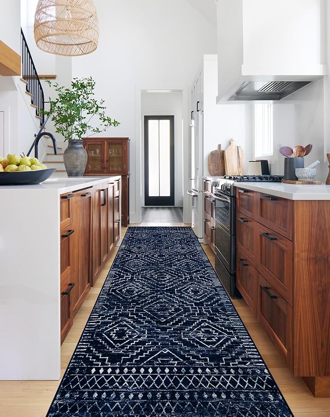 Wonnitar Moroccan Hallway Runner Rugs, 2'6"x10' Washable Non-Skid Blue Runner Rugs for Kitchen, Boho Non-Shedding Soft Long Runner Geometric Low Pile Carpet for Entryway Bathroom (Blue,2'6"x10')