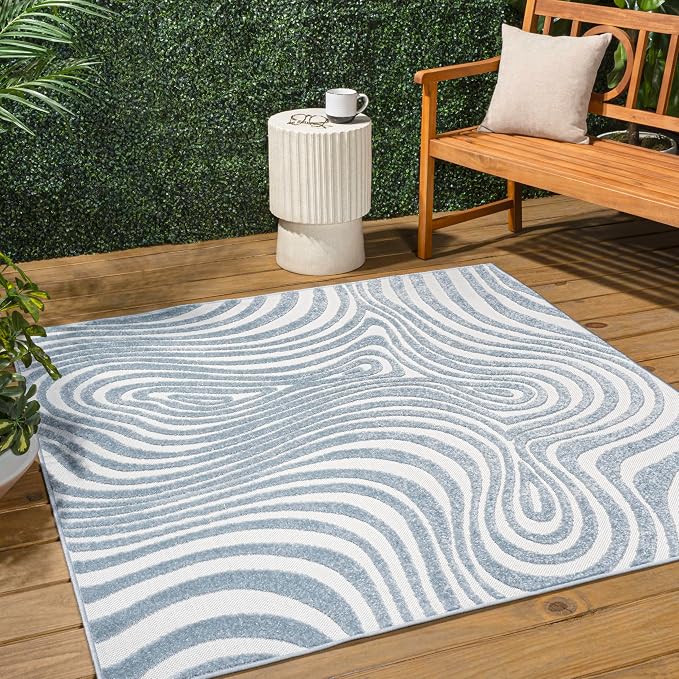 JONATHAN Y Maribo High-Low Abstract Striped Light Blue/Ivory 7x7 Square Indoor/Outdoor Area Rug, Pet Friendly, Non-Shedding, Stain Resistant, Easy-Cleaning for Backyard, Patio (SCN103C-7SQ)