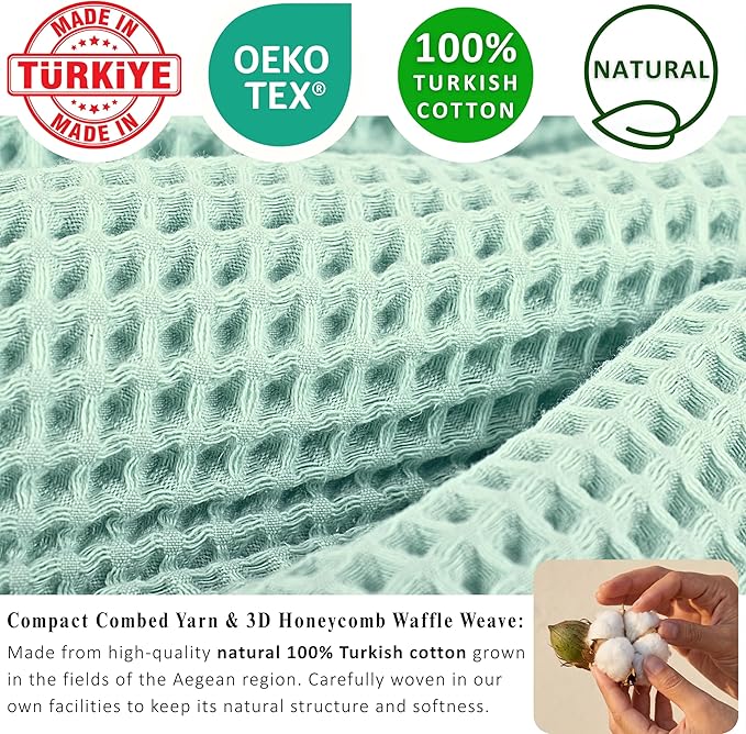 PÜSKÜL Natural 100% Turkish Cotton Waffle Kitchen Towels Set of 3 | Oeko-Tex, Premium Waffle Hand Towels for Bathroom | Soft Absorbent Quick-Dry Lint-Free Dish Towel Large 32x16 inch (3, Ice Green)