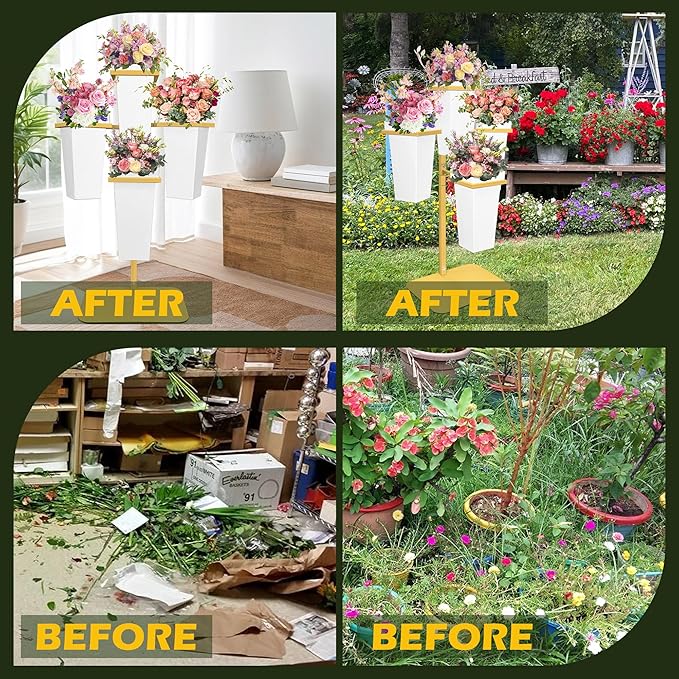 PROLEE Flower Display Stand with Buckets, Wedding Flower Cart Display Stand with Wheels,Flower Stand for Wedding Party, Events and Garden Decor (White)
