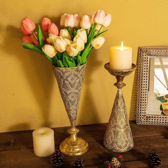 Farmhouse Gold Candle Holders for Pillar Candles, Metal Distressed Set of 2 Retro Flower Design Pillar Candle Stand Dual Use, Can be Vase Table Centerpiece Decor for Fireplace, Living, and Dining Room