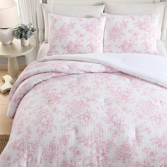 Laura Ashley - Comforter Set, Soft Poly Waffle Textured Bedding with Matching Shams, Delicate Floral Design (Delphine Pastel Pink, King)