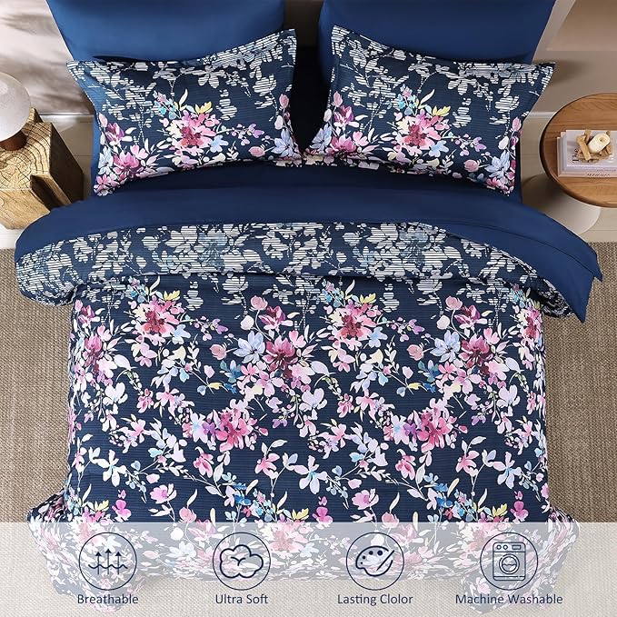 Dobuyly Queen Comforter Set, 7 Pieces Navy Blue Floral Comforter Set, Bed in a Bag Queen with Botanical Flowers Pattern, All Season Farmhouse Queen Size Bedding Set with Sheets, Pillowcases & Shams