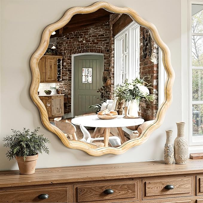 Circle Wood Mirrors for Wall, Wavy Round Bathroom Scalloped Mirror Wooden Frame 24 Inch for Living Room Farmhouse Bedroom Hallway Entryway Living Room with Shatterproof Glass Wall Mounted