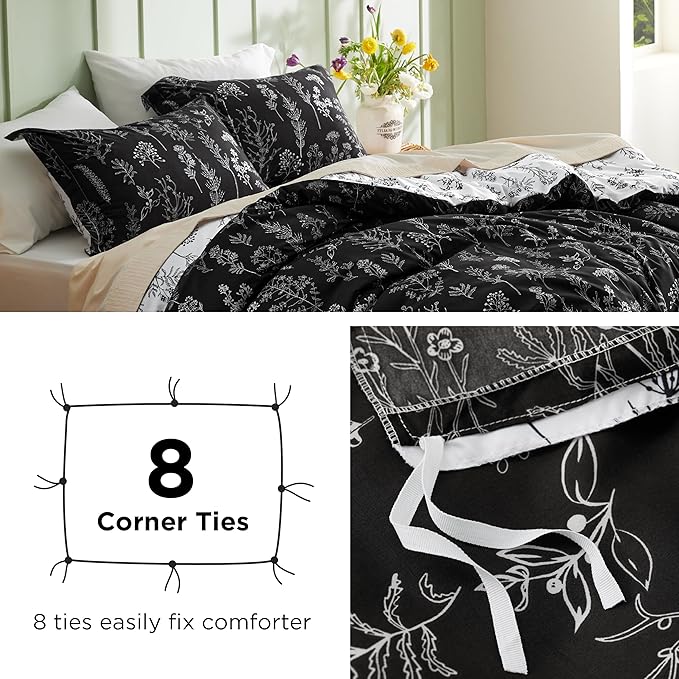 Bedsure Duvet Cover Queen Size - Reversible Black Queen Duvet Cover Set with Zipper Closure, 3 Pieces Floral Patterned Bedding Set with 8 Corner Ties and 2 Pillow Shams