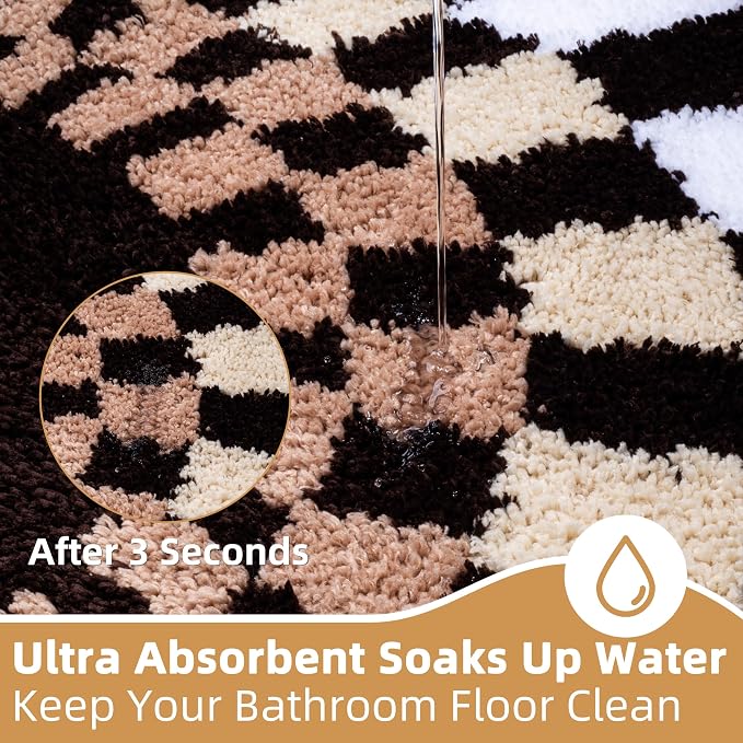 Cute Microfiber Checkered Bath Mat, Non Slip High Pile Absorbent Mat, Tufted Checkerboard Rug for Toilet, Sink, Funky Apartment Decor, Brown, Machine Washable, 16"x24"