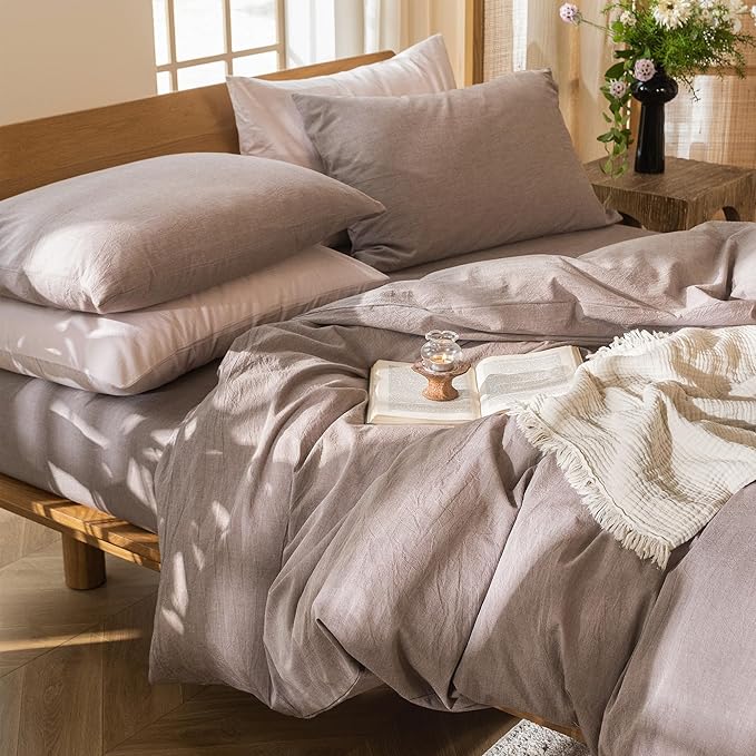 MooMee Bedding Duvet Cover Set 100% Washed Cotton Linen Like Textured Breathable Durable Soft Comfy (Heathered Mauve Brown, Super King 108"x98")
