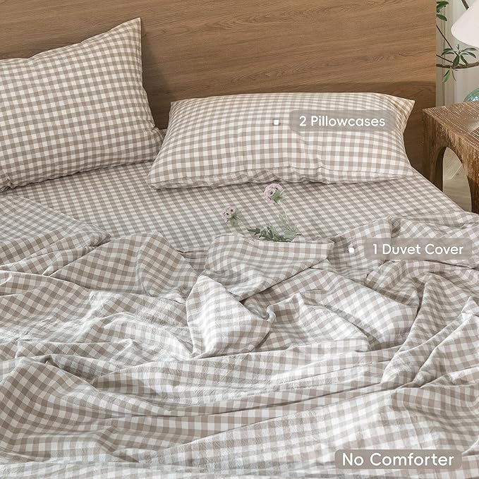 MooMee Gingham Duvet Cover Set 100% Washed Cotton Linen Like Textured Breathable Durable Soft Comfy Modern Checkered Design (Tannish Linen Grey Gingham, Super King 108"x98")