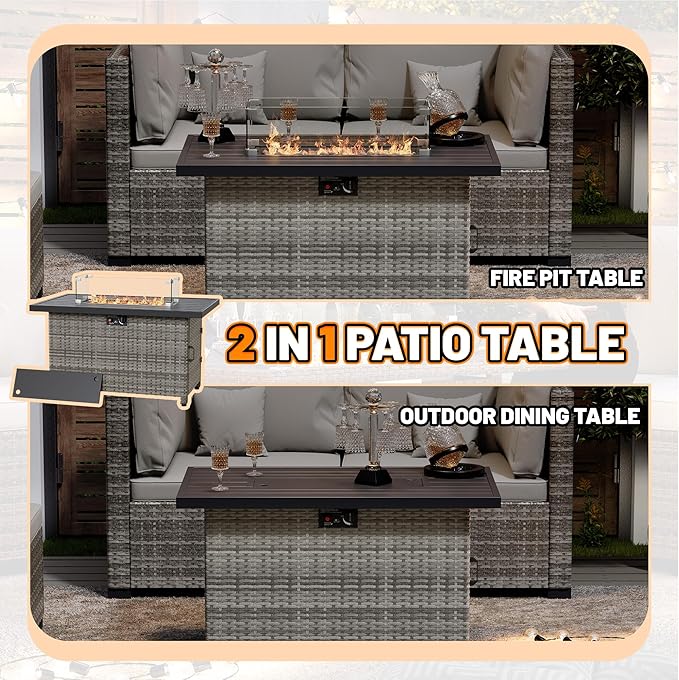 LHBcraft 44 Inch Propane Fire Pit, 50000 BTU Fire Pit Table with Glass Wind Guard and Lid, Gas Fire Pits for Outside Patio and Garden(Grey)