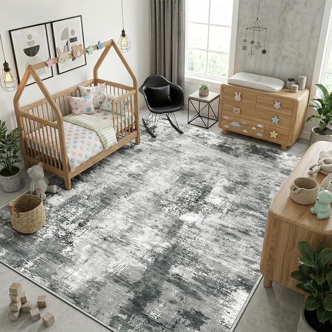 Merelax Washable Area Rugs 8'x10' Grey Abstract Rug for Living Room Bedroom Entryway Nursery, Dining Room and Farmhouse Rug, Non-Slip Modern Indoor Low Pile Soft Floor Carpet, Gray Print Pattern