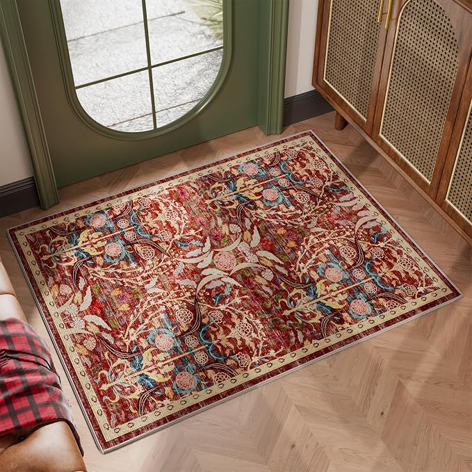 AMTOVO 2x3 Washable Indoor Welcome Door Mat, Vintage Boho Floral Distressed Print Non-Slip Area Rug, Small Throw Rugs for Entryway Indoor Entrance Kitchen Bathroom Laundry Bedroom Floor, Red