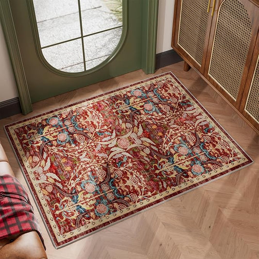 AMTOVO 2x3 Washable Indoor Welcome Door Mat, Vintage Boho Floral Distressed Print Non-Slip Area Rug, Small Throw Rugs for Entryway Indoor Entrance Kitchen Bathroom Laundry Bedroom Floor, Red