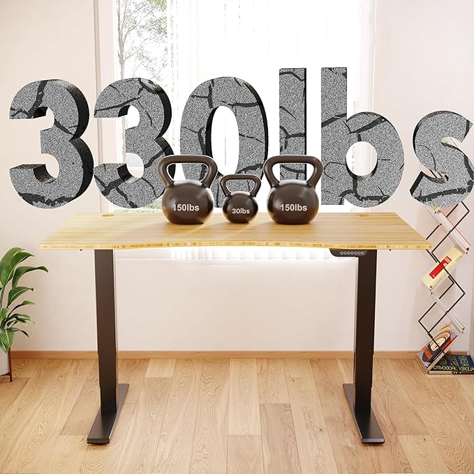 FLEXISPOT E6 MAX Bamboo Dual Motor 3 Stages Standing Desk 60x30 Inch Whole-Piece Board Electric Height Adjustable Stand Up Desk 150KG Load Capacity(Black Frame + Bamboo Curved Desktop)