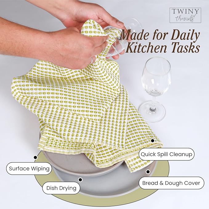 TWINY threads Circle Waffle Kitchen Towels 4 Pack, 16"x26", 100% Cotton, Super Absorbent, Durable, Vibrant Dishcloth Set, Great for Summer Decor, Cleaning Spills, Lemon Green