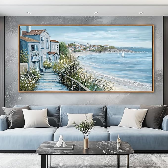 KLAKLA Coastal Decor Nautical Boat on Beach Canvas Picture Ocean Seagull Seascape Canvas Print Farmhouse Artwork for Seashore Bedroom Living Room Large Square Blue Teal 29x58 Inches