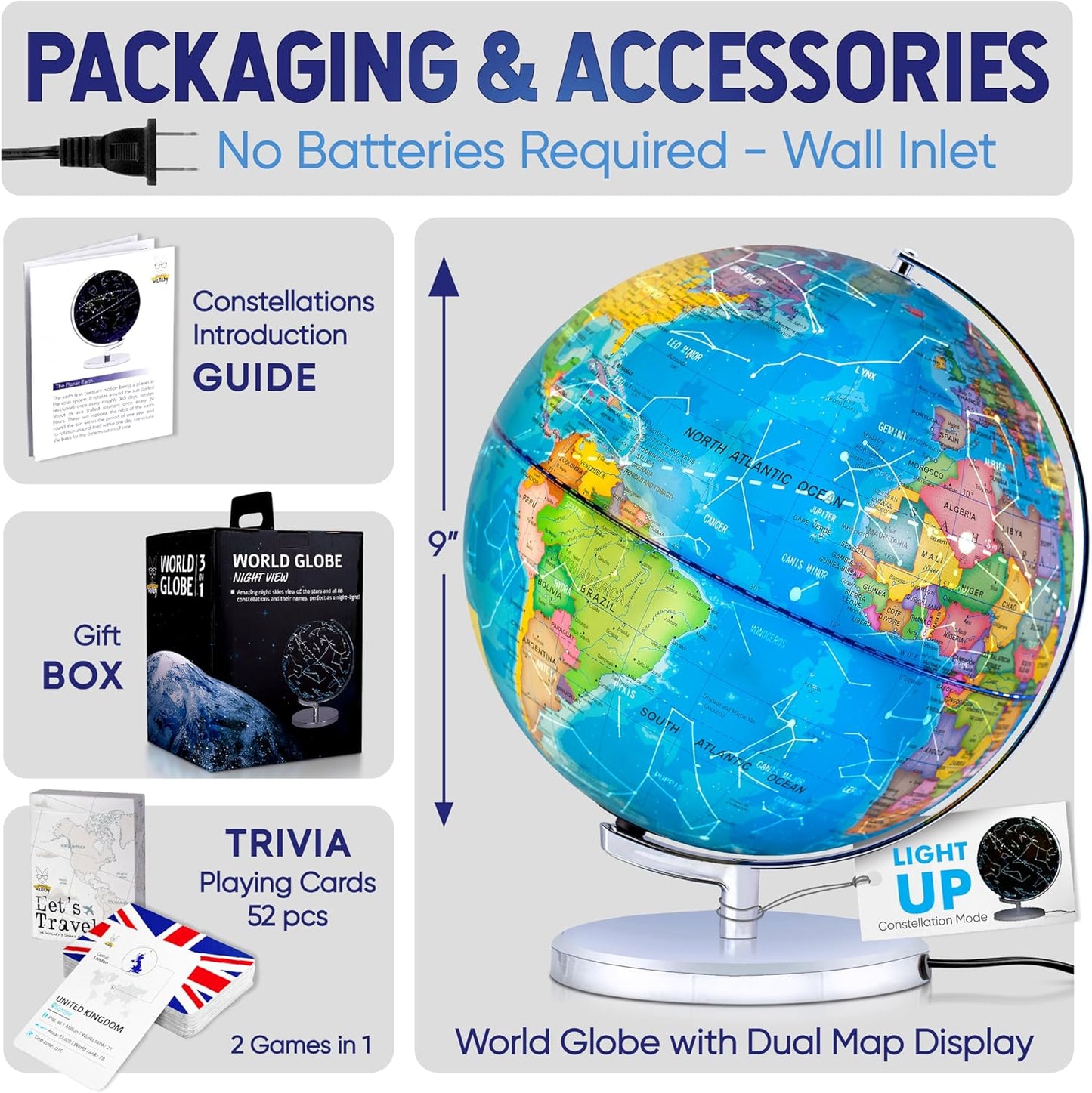 Smart Wallaby 9" Illuminated Kids World Globe - Interactive STEM Flags & Card Game, LED Night Light