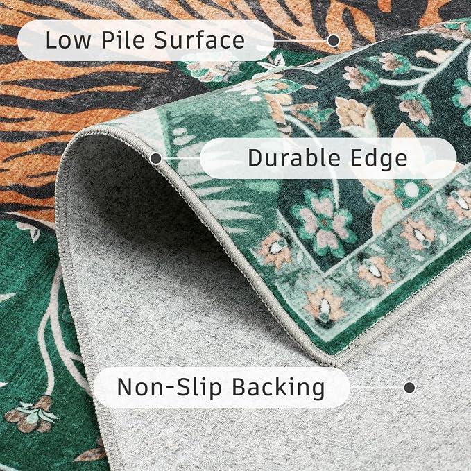 DCX Washable 8x10 Tiger Area Rug, Green Vintage Animal Rug for Living Room, Soft Low Pile Carpet, Kid & Pet Friendly with Rubber Back Non Slip, Stain Resistant Rug for Bedroom Dining Room Office