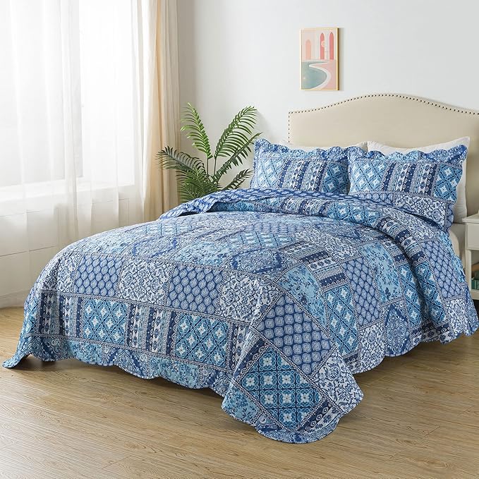 HoneiLife Rustic Quilt Sets Queen - 3 Pieces Microfiber Quilt Sets Lightweight Bedspreads Floral Coverlets Retro Bed Cover All Season Quilts-Blue