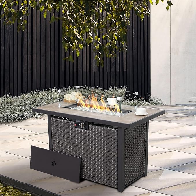 Nuu Garden Propane Fire Pit Table, CSA Certified 43 Inch 50,000 BTU Outdoor Gas Fire Pit Table with Ceramic Tabletop, 7 lbs Glass Stone and Oxford Cover, Dark Brown and Coffee