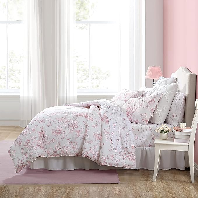 Laura Ashley - Twin XL Comforter Set, Reversible Cotton Bedding with Matching Sham, Medium Weight for Year Round Use, Oeko-Tex Certified, Dorm Essentials, Coquette Room Decor (Delphine Mauve Pink)