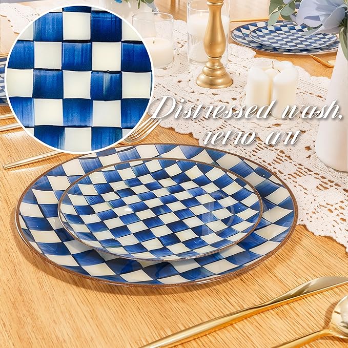 U-QE 20PCS Blue Plastic Plates for Party - Retro Checkered Plates Disposable Heavy Duty - Blue and White Plate for Party, Birthdays - 10 10.25 Inch Dinner and 10 7.5 Inch Dessert Plate