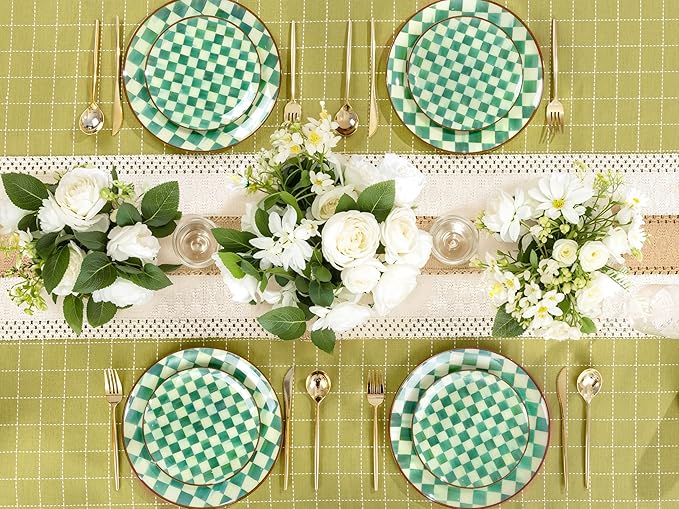 U-QE 20PCS Green Plastic Plates for Party - Retro Checkered Plates Disposable Heavy Duty - White and Green Disposable Plate for Party, Birthdays - 10 10.25 Inch Dinner and 10 7.5 Inch Dessert Plate