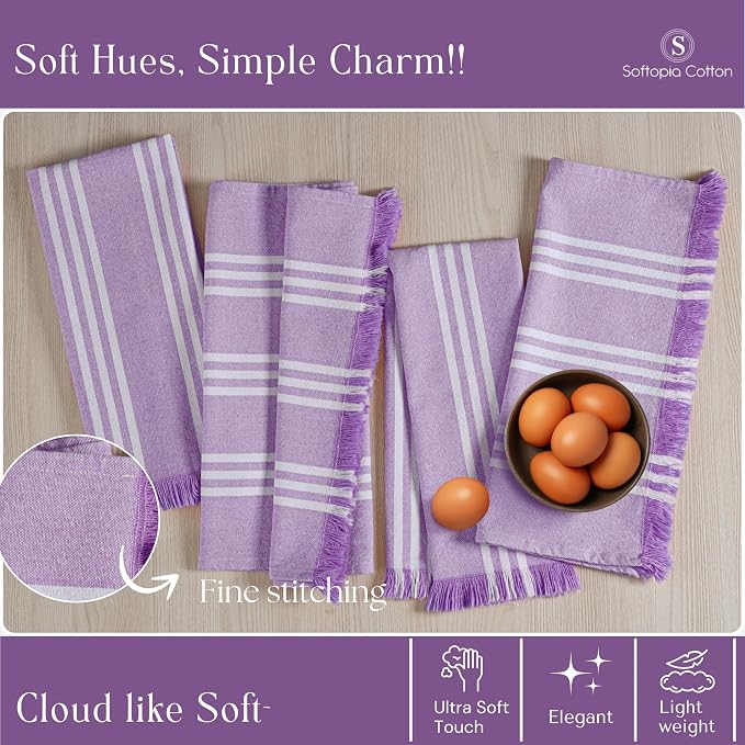 Striped Kitchen Towels 12 Pack, 16x26 Inches, 100% Cotton, Absorbent Dish Towels for Kitchen Drying, Reusable Dishcloths for Cleaning, Quick Dry Wash Rags for Everyday Use - Lavender