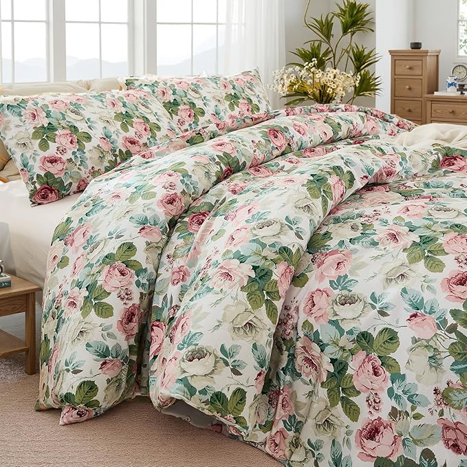Rose Red Floral Queen Bedding Romantic Girls Comforter Set Soft Botanical Vintage & Country Home Decor for All Season