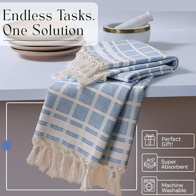 Matrix Dobby Kitchen Towels 12 Pack, 100% Cotton, 16x26 Inches, Handmade Knotted Tassel Dish Towels, Quick Dry, Durable, Absorbent and Reusable Cleaning Cloths - Sky Blue, Natural