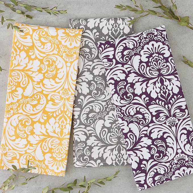 DII Cotton Dish Towel Set Damask Print, 18x28, Eggplant, 2 Count