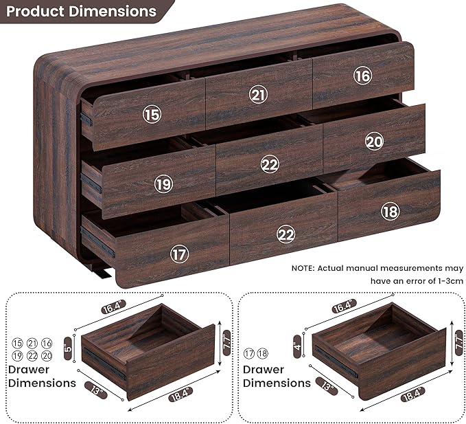 9 Drawer Double Dresser for Bedroom, Modern Curved Wood Chest Drawers of Handleless, Large Storage Dresser Bedroom, Living Room, Entryway, Walnut