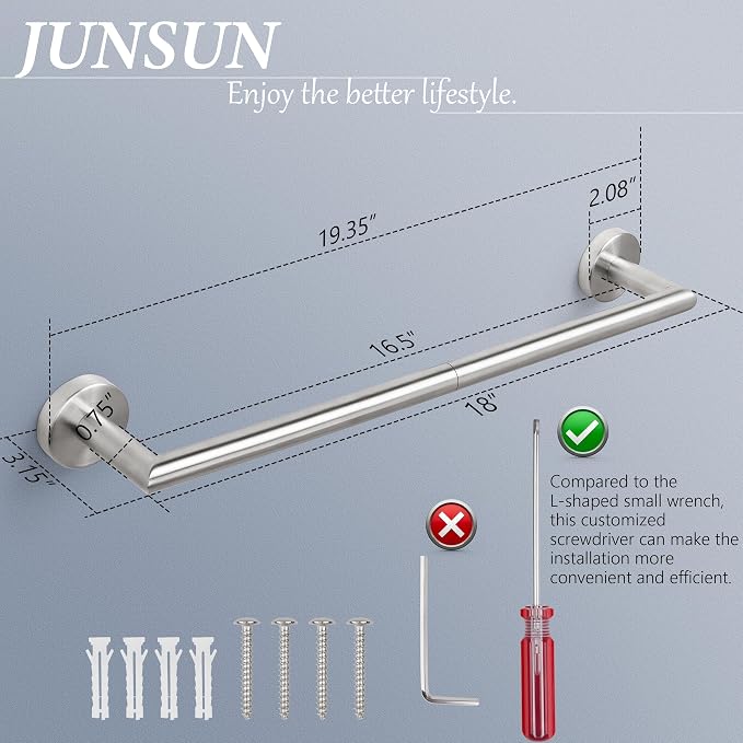 Brushed Nickel Bath Towel Bar 18 Inch Bathroom Towel Rack Wall Mounted Towel Holder Modern Home Decor Towel Rod Bathroom Hardware Silver Towel Hanger Towel Rail Towel Shelf Single Bar Brushed Finished