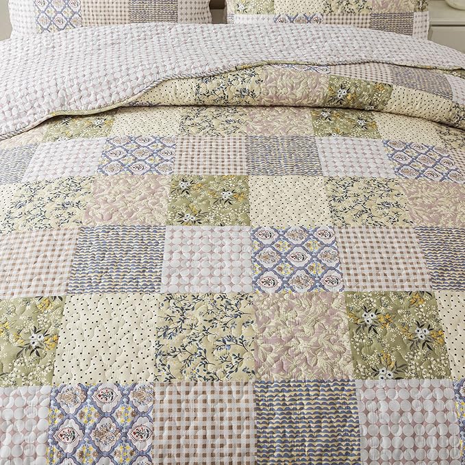 HoneiLife Queen Quilt Bedding Sets - Rustic Quilts 3-Piece 90x96, Microfiber Reversible Bedspreads Patchwork Coverlet Floral Bedding Set All Season Use